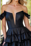 Black Corset Tiered A Line Satin Short Prom Dress