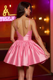 Pink A Line Corset Spaghetti Straps Mini Satin Prom Dress