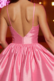 Pink A Line Corset Spaghetti Straps Mini Satin Prom Dress
