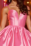 Pink A Line Corset Spaghetti Straps Mini Satin Prom Dress
