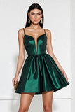 Dark Green Corset V-Neck A Line Mini Satin Prom Dress