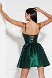 Dark Green Corset V-Neck A Line Mini Satin Prom Dress