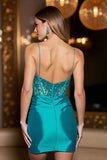 Sparkly Bodycon Corset Peacock Green Bodycon Satin Mini Prom Dress
