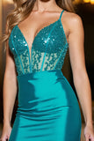 Sparkly Bodycon Corset Peacock Green Bodycon Satin Mini Prom Dress