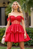 Sparkly Red A Line Off the Shoulder Corset Short Prom Dress