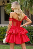 Sparkly Red A Line Off the Shoulder Corset Short Prom Dress