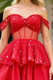 Sparkly Red A Line Off the Shoulder Corset Short Prom Dress
