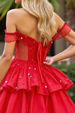 Sparkly Red A Line Off the Shoulder Corset Short Prom Dress