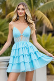 Light Blue Corset A Line Short Chiffon Prom Dress with Appliques