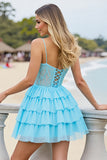Light Blue Corset A Line Short Chiffon Prom Dress with Appliques