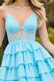 Light Blue Corset A Line Short Chiffon Prom Dress with Appliques