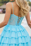 Light Blue Corset A Line Short Chiffon Prom Dress with Appliques