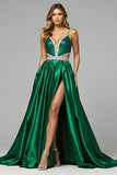Sparkly Dark Green Ball Gown V-Neck Cut Out Maxi Prom Dress with Slit