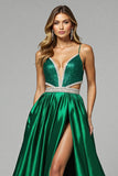 Sparkly Dark Green Ball Gown V-Neck Cut Out Maxi Prom Dress with Slit