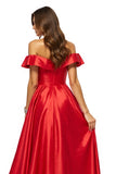 Red Off the Shoulder Satin A Line Maxi Prom Dress with Slit