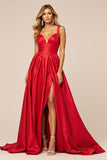 Red Satin A Line V-Neck Ruched Maxi Prom Dress with Slit