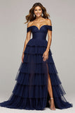 Navy Tulle A Line Off the Shoulder Maxi Tiered Prom Dress with Slit