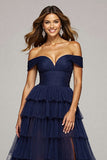 Navy Tulle A Line Off the Shoulder Maxi Tiered Prom Dress with Slit