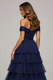 Navy Tulle A Line Off the Shoulder Maxi Tiered Prom Dress with Slit