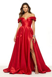 Red Ball Gown Satin Off the Shoulder Maxi Prom Dress with Slit
