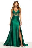 Dark Green V-Neck Appliqued Sheath Maxi Prom Dress with Slit