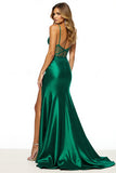 Dark Green V-Neck Appliqued Sheath Maxi Prom Dress with Slit