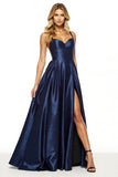 Navy Satin A Line Spaghetti Straps Maxi Prom Dress with Slit