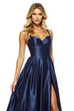 Navy Satin A Line Spaghetti Straps Maxi Prom Dress with Slit