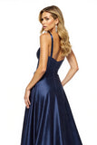 Navy Satin A Line Spaghetti Straps Maxi Prom Dress with Slit