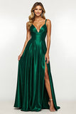 Dark Green V-Neck Satin Maxi A Line Prom Dress with Slit