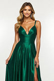 Dark Green V-Neck Satin Maxi A Line Prom Dress with Slit
