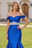Sparkly Royal Blue Mermaid Maxi Prom Dress with Rhinestone