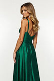 Dark Green V-Neck Satin Maxi A Line Prom Dress with Slit
