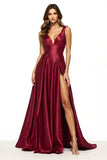 Satin Maxi Burgundy V-Neck A Line Prom Dress with Slit