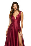 Satin Maxi Burgundy V-Neck A Line Prom Dress with Slit