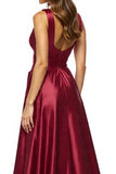 Satin Maxi Burgundy V-Neck A Line Prom Dress with Slit
