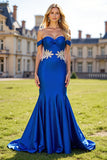 Sparkly Royal Blue Off the Shoulder Maxi Floral Prom Dress with Beading