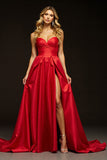 Red Sweetheart A Line Maxi Satin Prom Dress with Slit