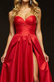 Red Sweetheart A Line Maxi Satin Prom Dress with Slit