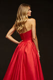 Red Sweetheart A Line Maxi Satin Prom Dress with Slit
