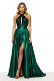 Maxi Dark Green Satin Keyhole A Line Halter Prom Dress with Slit