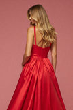 A Line Red Satin Maxi Prom Dress with Slit