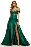 Dark Green Appliqued Ball Gown Maxi Satin Prom Dress with Slit