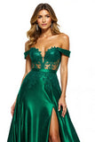 Dark Green Appliqued Ball Gown Maxi Satin Prom Dress with Slit