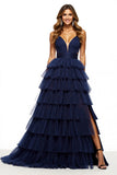 Navy Tiered Tulle V-Neck Ball Gown Maxi Prom Dress with Slit
