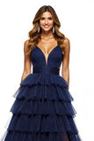 Navy Tiered Tulle V-Neck Ball Gown Maxi Prom Dress with Slit