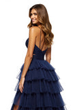 Navy Tiered Tulle V-Neck Ball Gown Maxi Prom Dress with Slit
