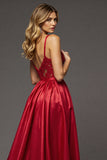 Red A Line Satin Maxi V-Neck Prom Dress with High Slit