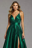 Satin Dark Green A Line Spaghetti Straps Ruched Maxi Prom Dress with Slit