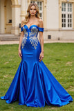 Sparkly Royal Blue Mermaid Maxi Satin Prom Dress with Beading